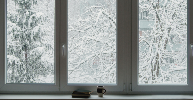 Large residential window overlooking snowy trees in winter