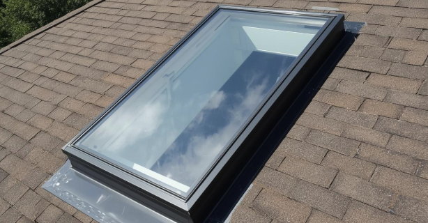 New skylight installed on a shingled roof with reflective glass and metal flashing.