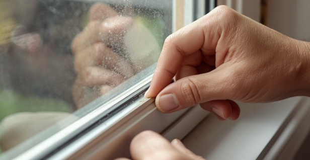 Hand applying or adjusting window weatherstripping along the edge of a window frame.