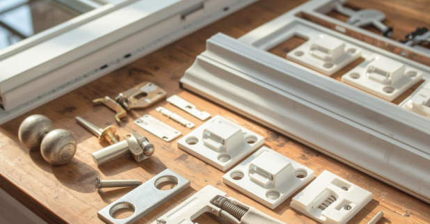 Assorted window hardware parts, locks, latches, and trim pieces arranged on a wooden workbench.
